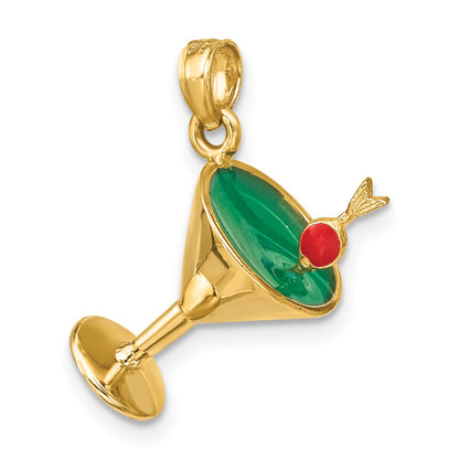14K 3-D Green Enamel  Martini with Red Cherry Charm