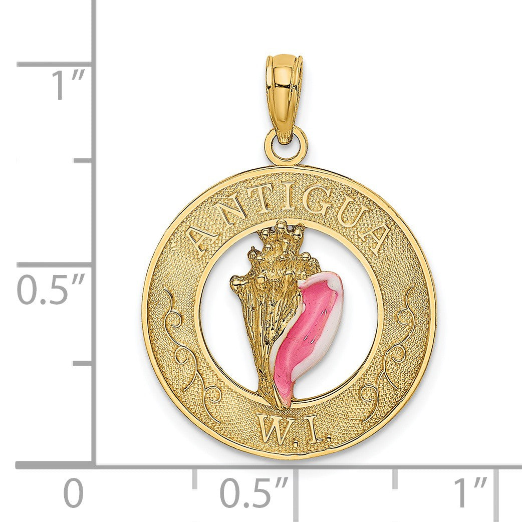 14K ANTIGUA W.I. Circle with Pink and White Enamel Conch Shell Charm