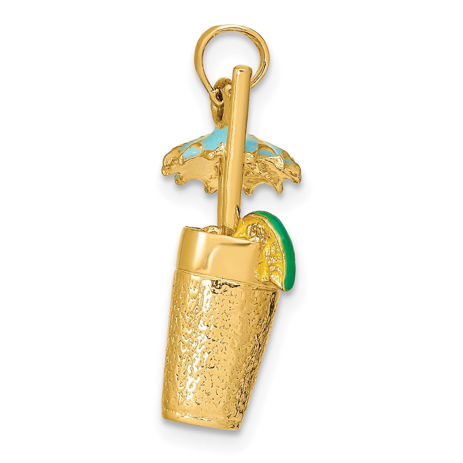 14K 3-D Cocktail Drink with Blue Enameled Umbrella and Lime Charm