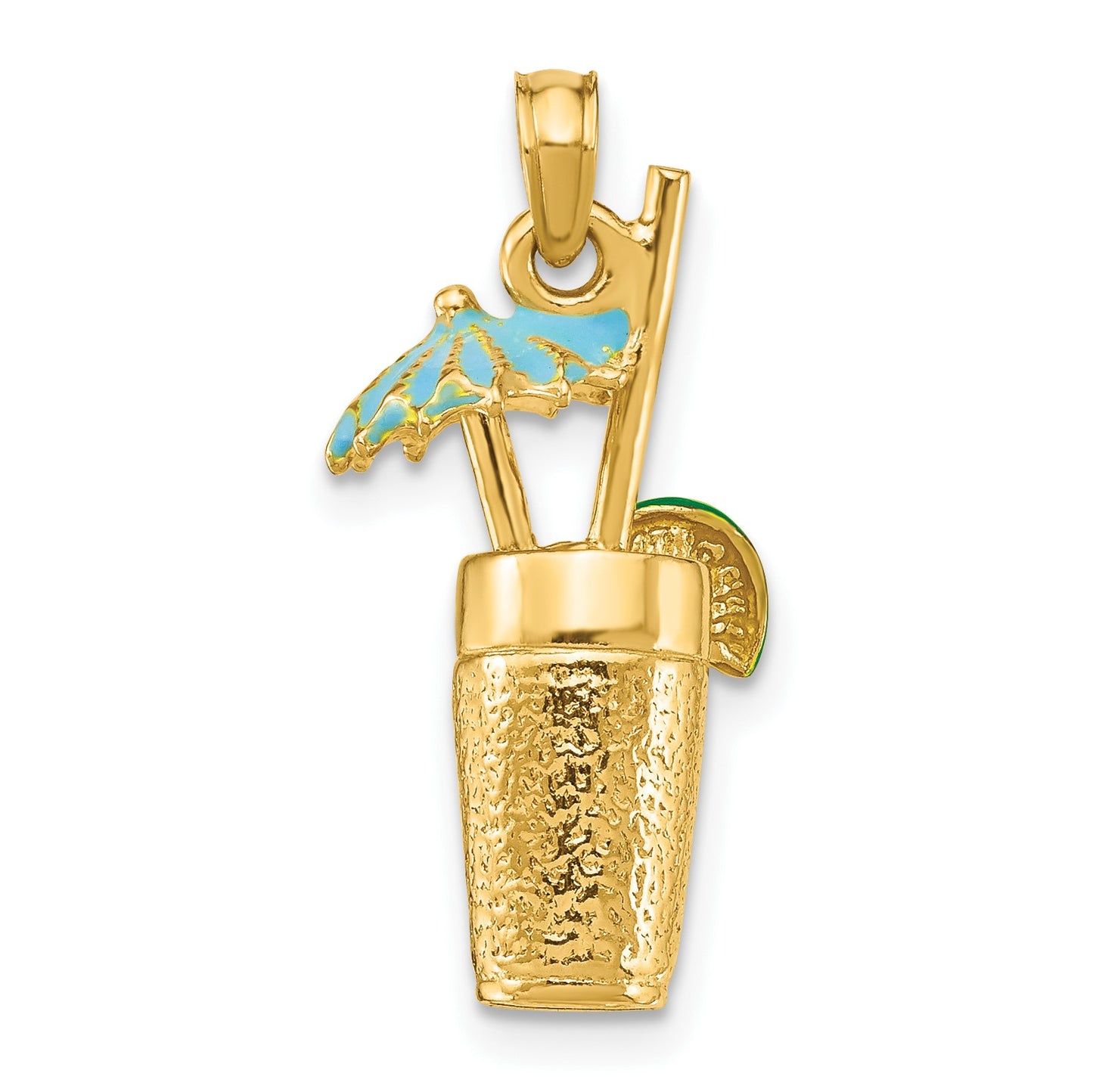 14K 3-D Cocktail Drink with Blue Enameled Umbrella and Lime Charm