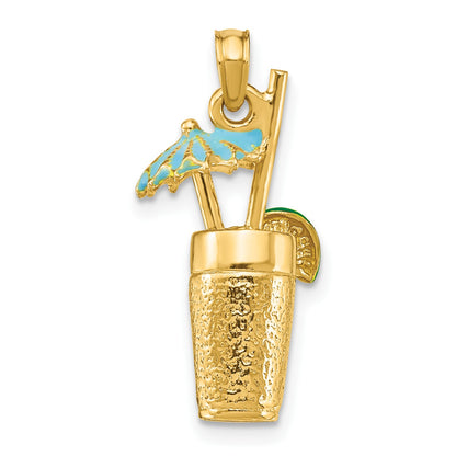 14K 3-D Cocktail Drink with Blue Enameled Umbrella and Lime Charm