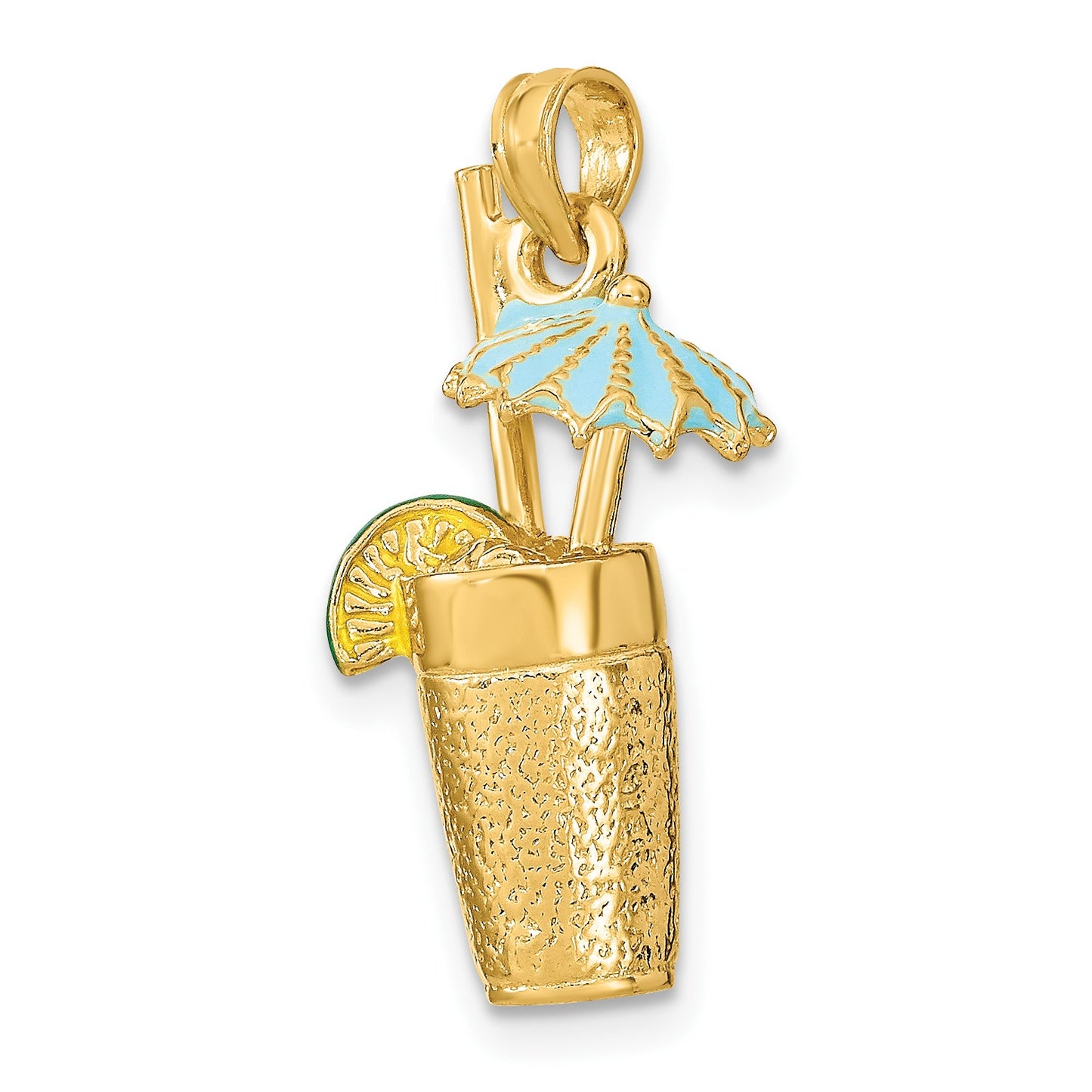 14K 3-D Cocktail Drink with Blue Enameled Umbrella and Lime Charm
