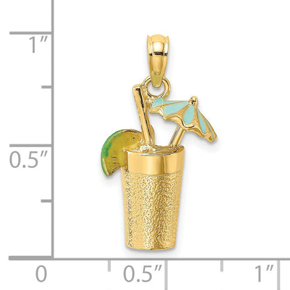 14K 3-D Cocktail Drink with Blue Enameled Umbrella and Lime Charm