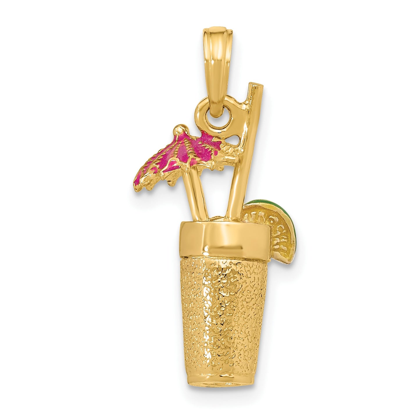 14K 3-D Cocktail Drink with Fuchsia Enameled Umbrella and Lime Charm