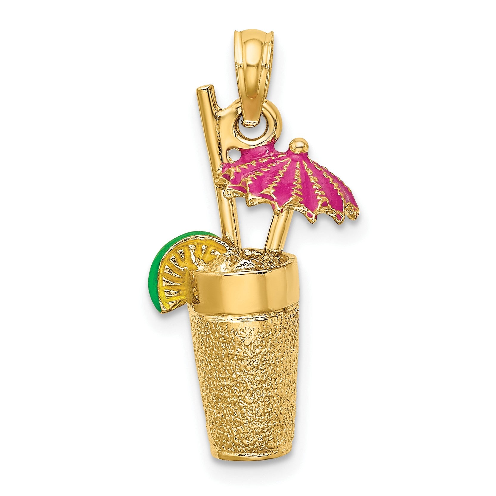 14K 3-D Cocktail Drink with Fuchsia Enameled Umbrella and Lime Charm