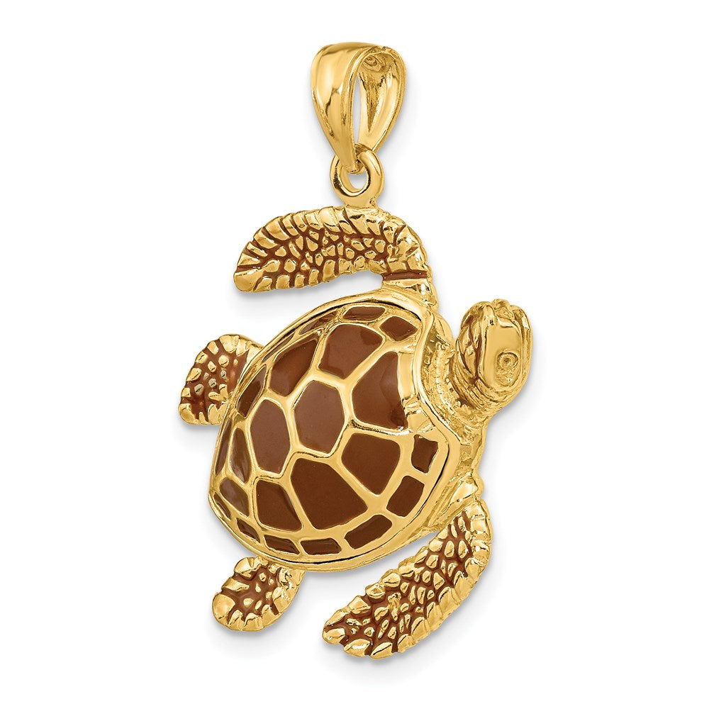 14K 3-D Brown Enamel Large Sea Turtle Charm