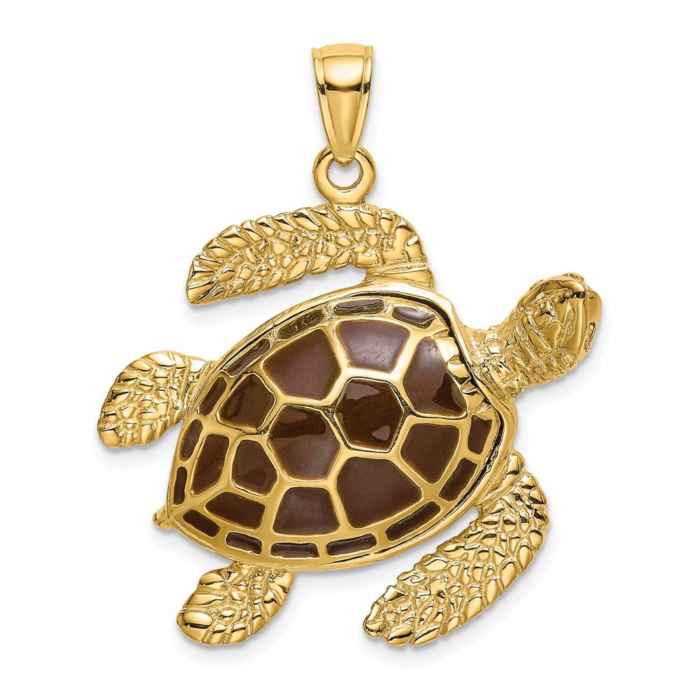 14K 3-D Brown Enamel Large Sea Turtle Charm