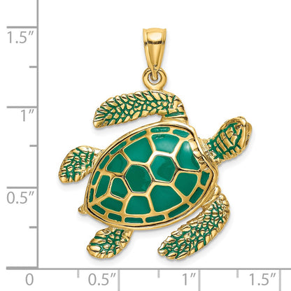 14K 3-D Green Enamel Large Sea Turtle Charm