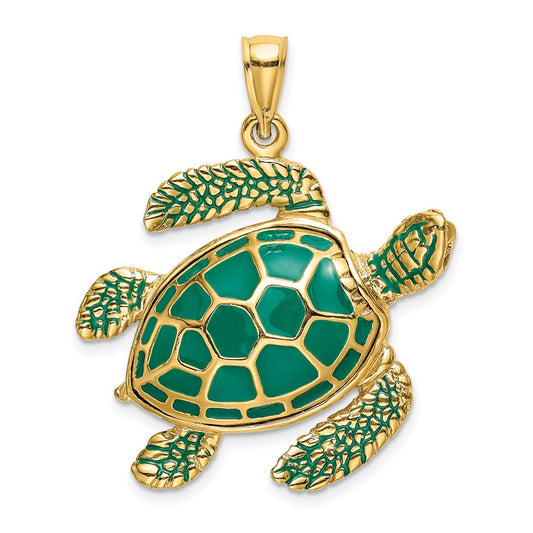 14K 3-D Green Enamel Large Sea Turtle Charm