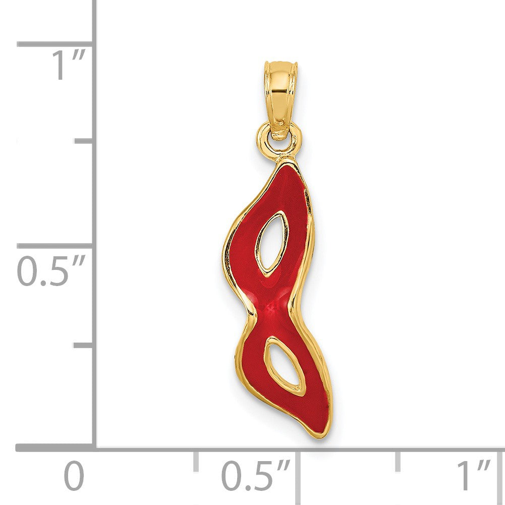 14K 3-D and Beveled with Red Enamel Masquerade Mask Pendant