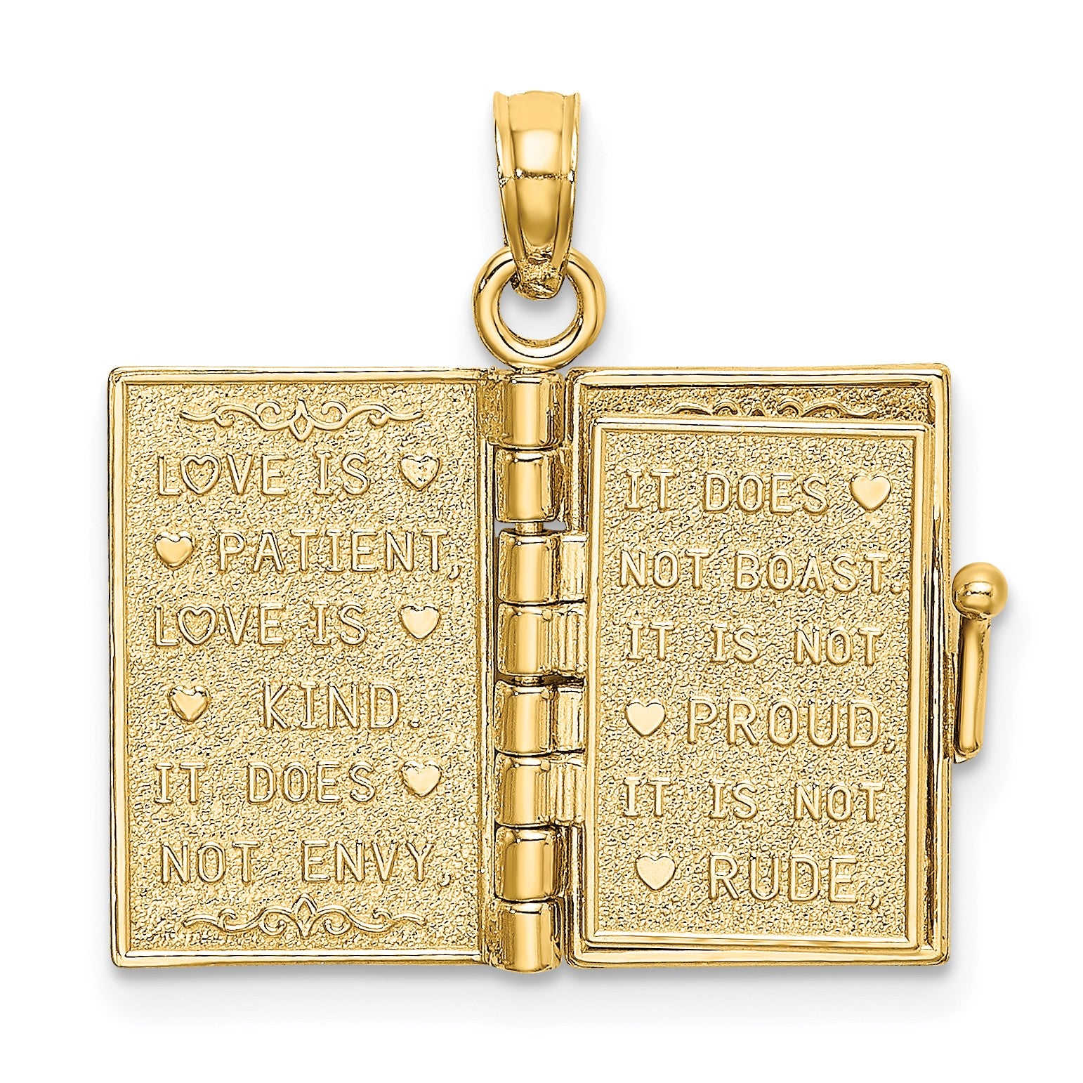 14K Enameled 3-D Moveable LOVE Bible Verse Flower Book Pendant