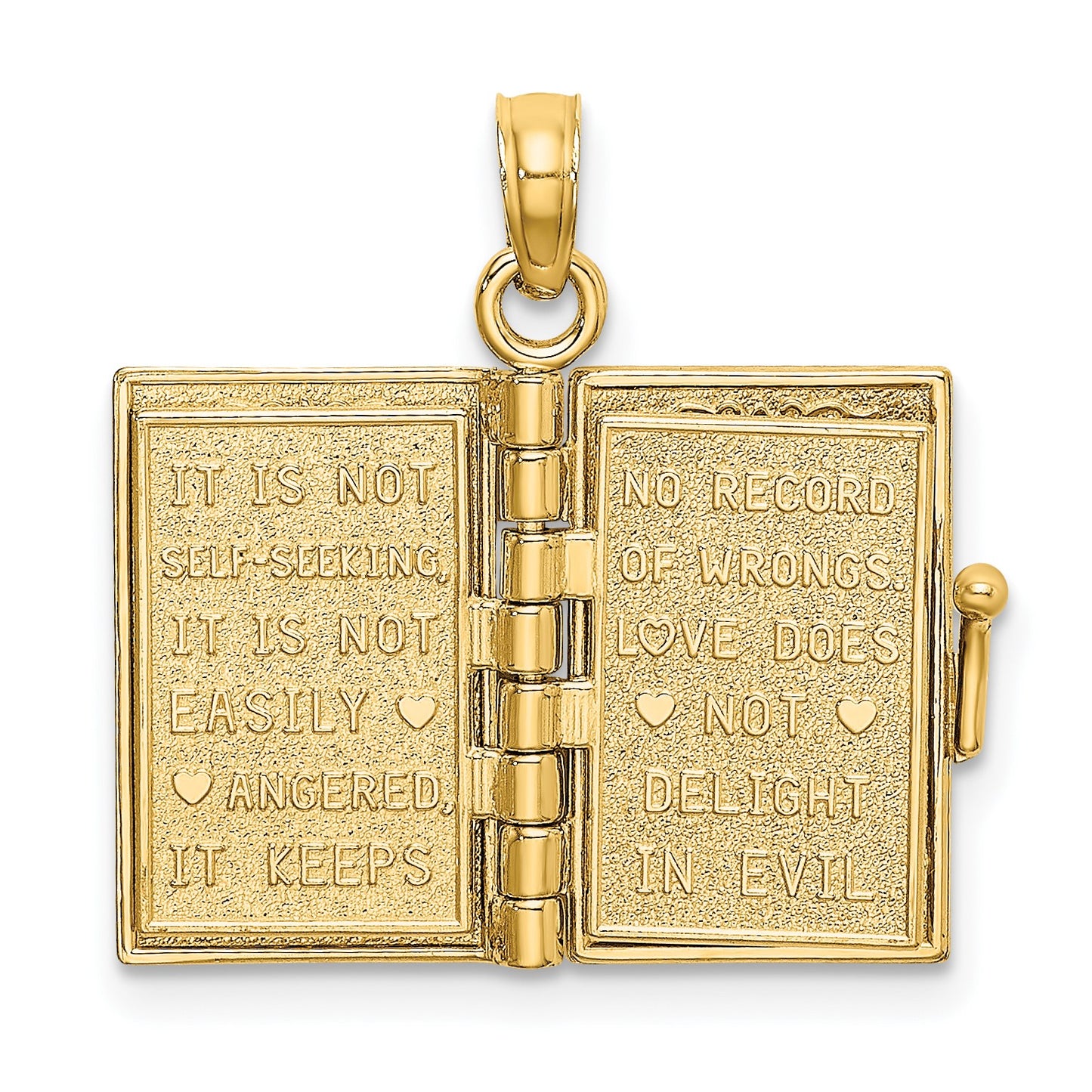 14K Enameled 3-D Moveable LOVE Bible Verse Flower Book Pendant