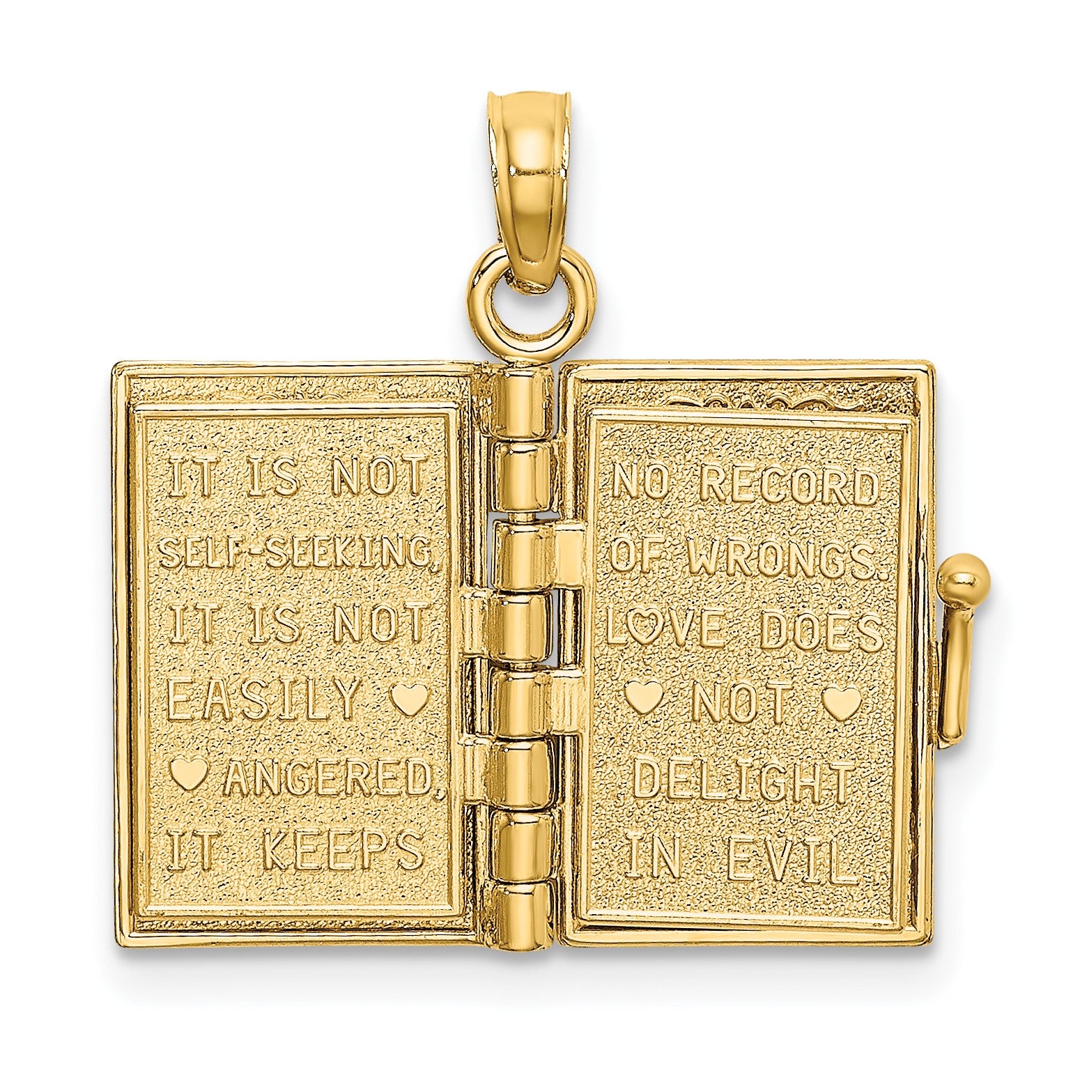 14K Enameled 3-D Moveable LOVE Bible Verse Flower Book Pendant