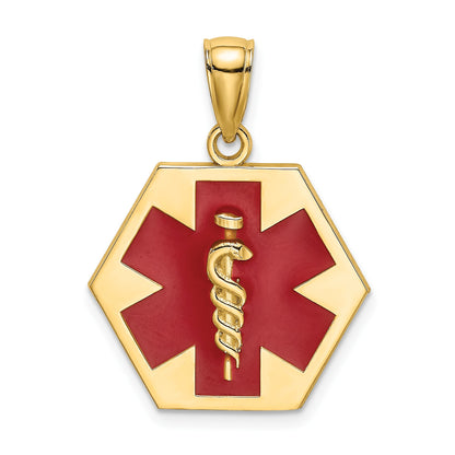 14K Red Enameled Textured Back Caduceus Medical Disc Charm