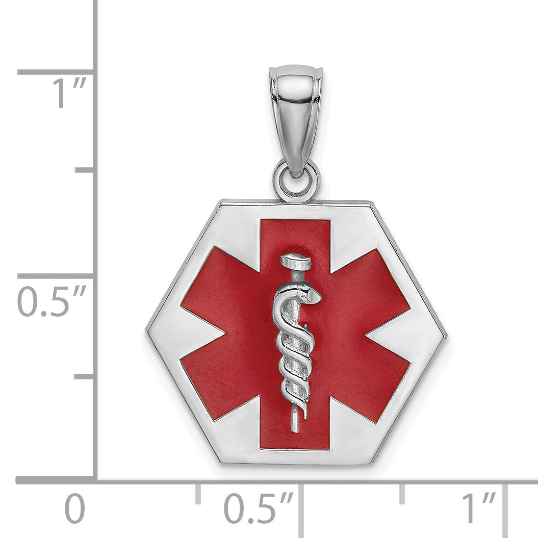 14K White Gold Red Enameled Textured Back Caduceus Medical Disc Charm