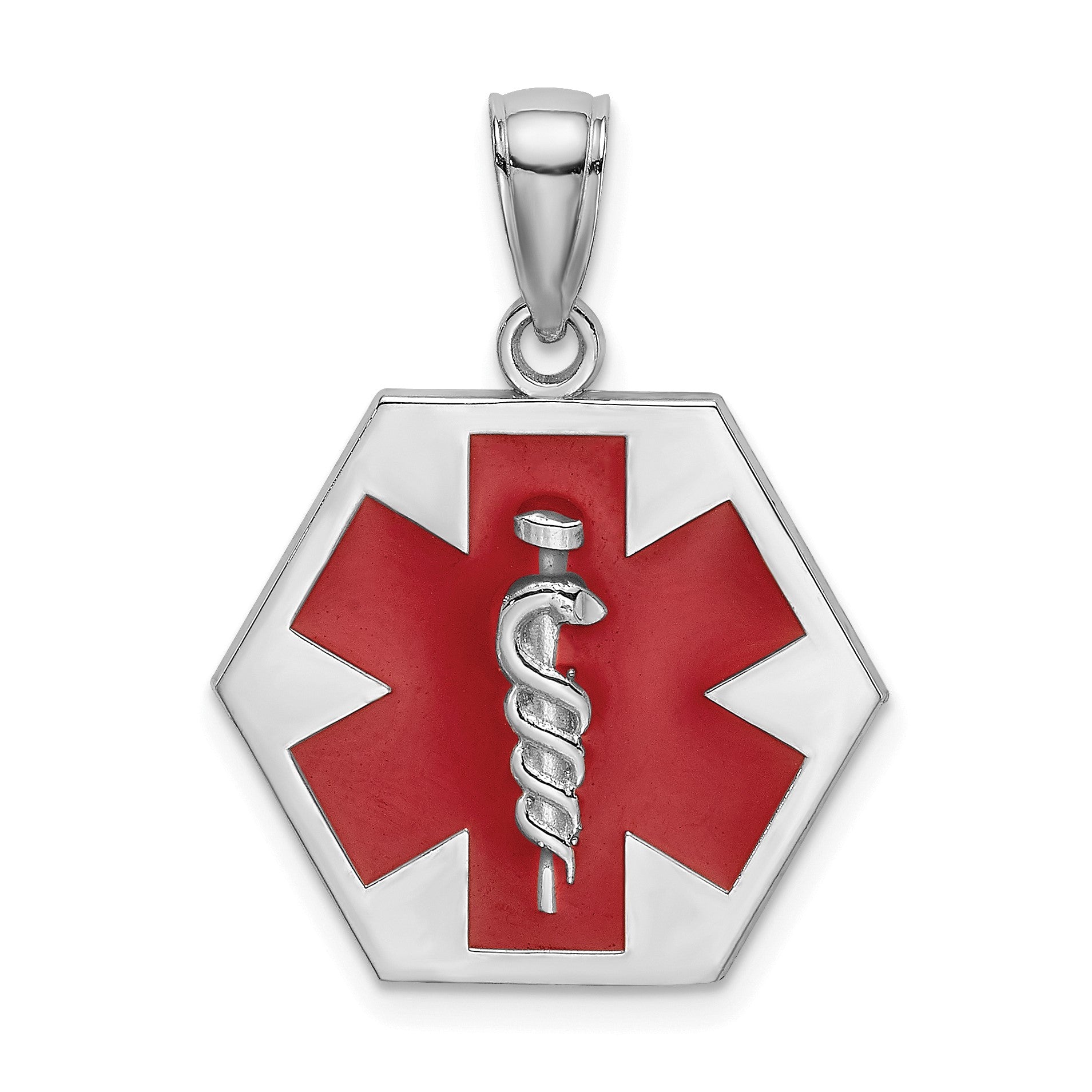 14K White Gold Red Enameled Textured Back Caduceus Medical Disc Charm