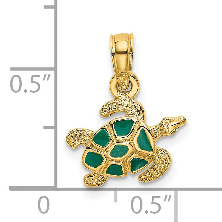14K Small Textured and Green Enameled Sea Turtle Charm