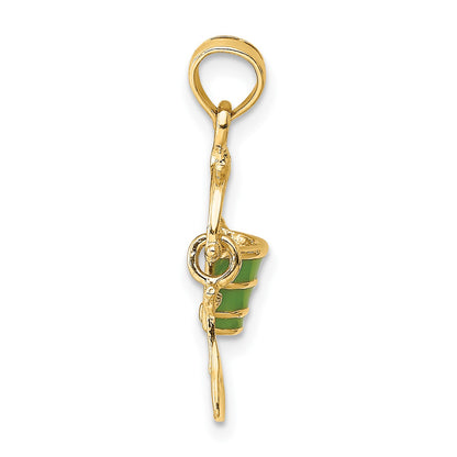 14K 2-D Green Enameled Beach Bucket with Moveable Shovel Charm