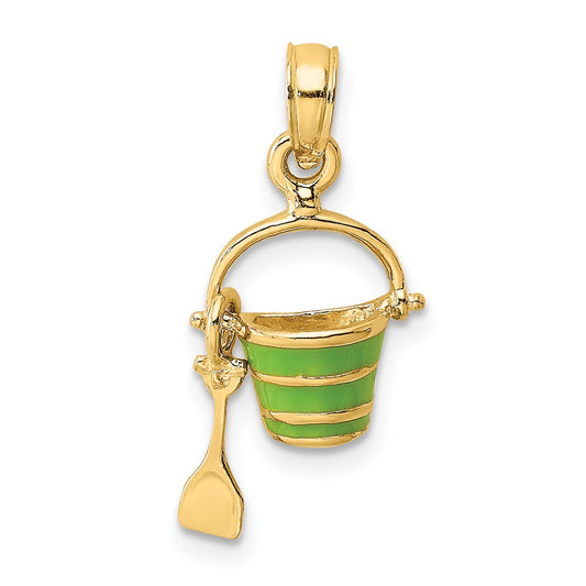 14K 2-D Green Enameled Beach Bucket w/Moveable Shovel Charm