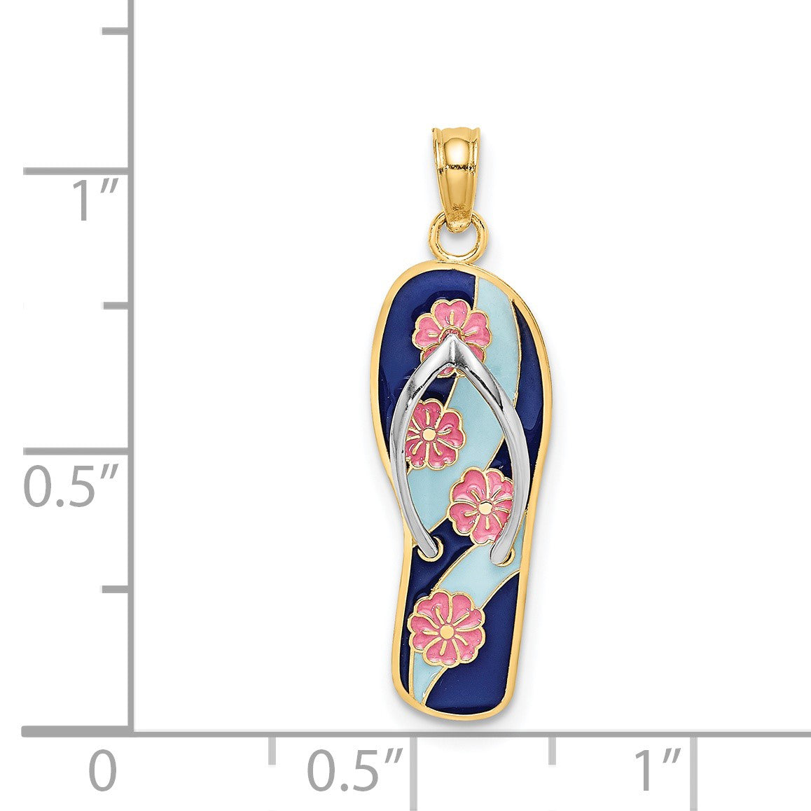 14K and White Rhodium 3-D Enameled Pink Flowers On Blue Stripes Flip-Flop Charm
