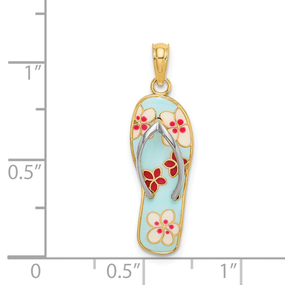 14K and White Rhodium 3-D Enameled Fuchsia and White Flowers On Aqua Flip-Flop Charm