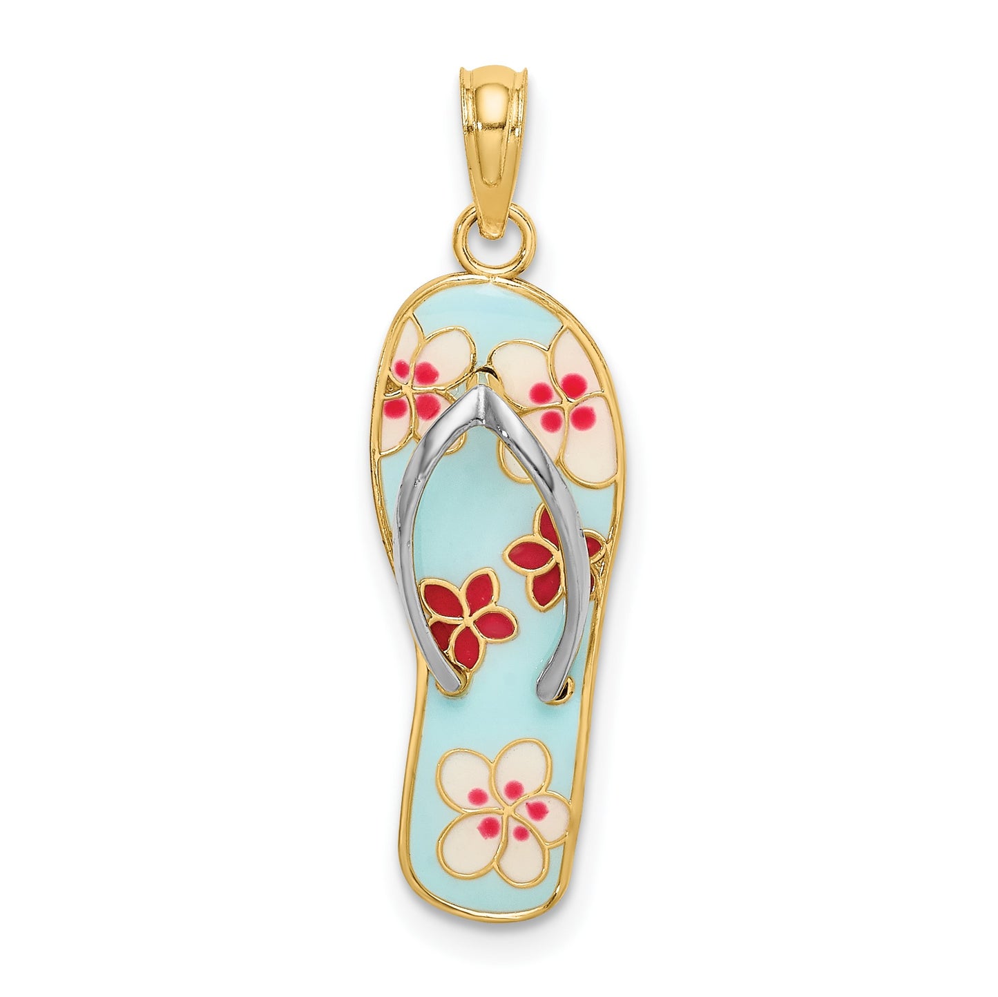 14K and White Rhodium 3-D Enameled Fuchsia and White Flowers On Aqua Flip-Flop Charm