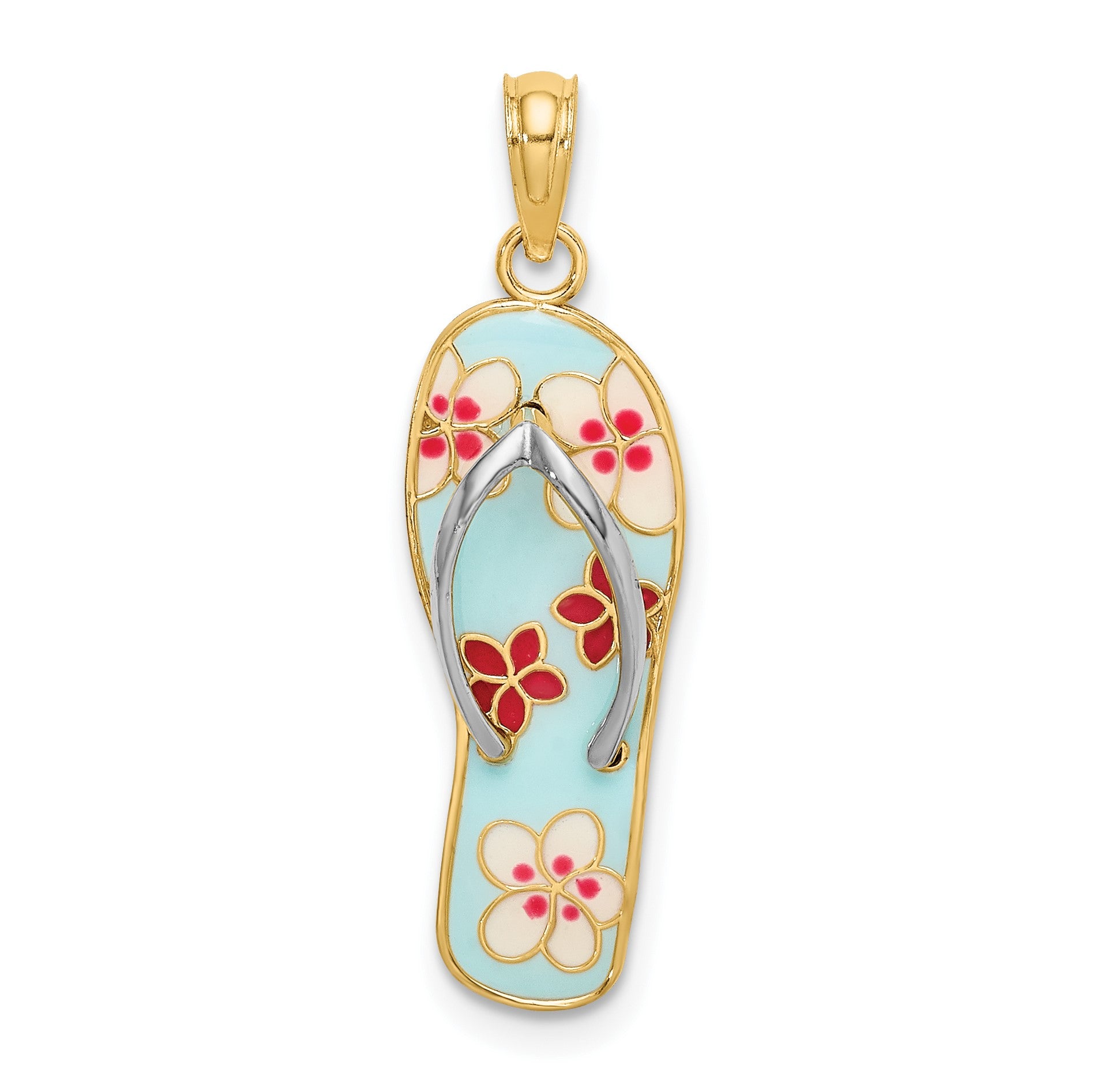 14K and White Rhodium 3-D Enameled Fuchsia and White Flowers On Aqua Flip-Flop Charm