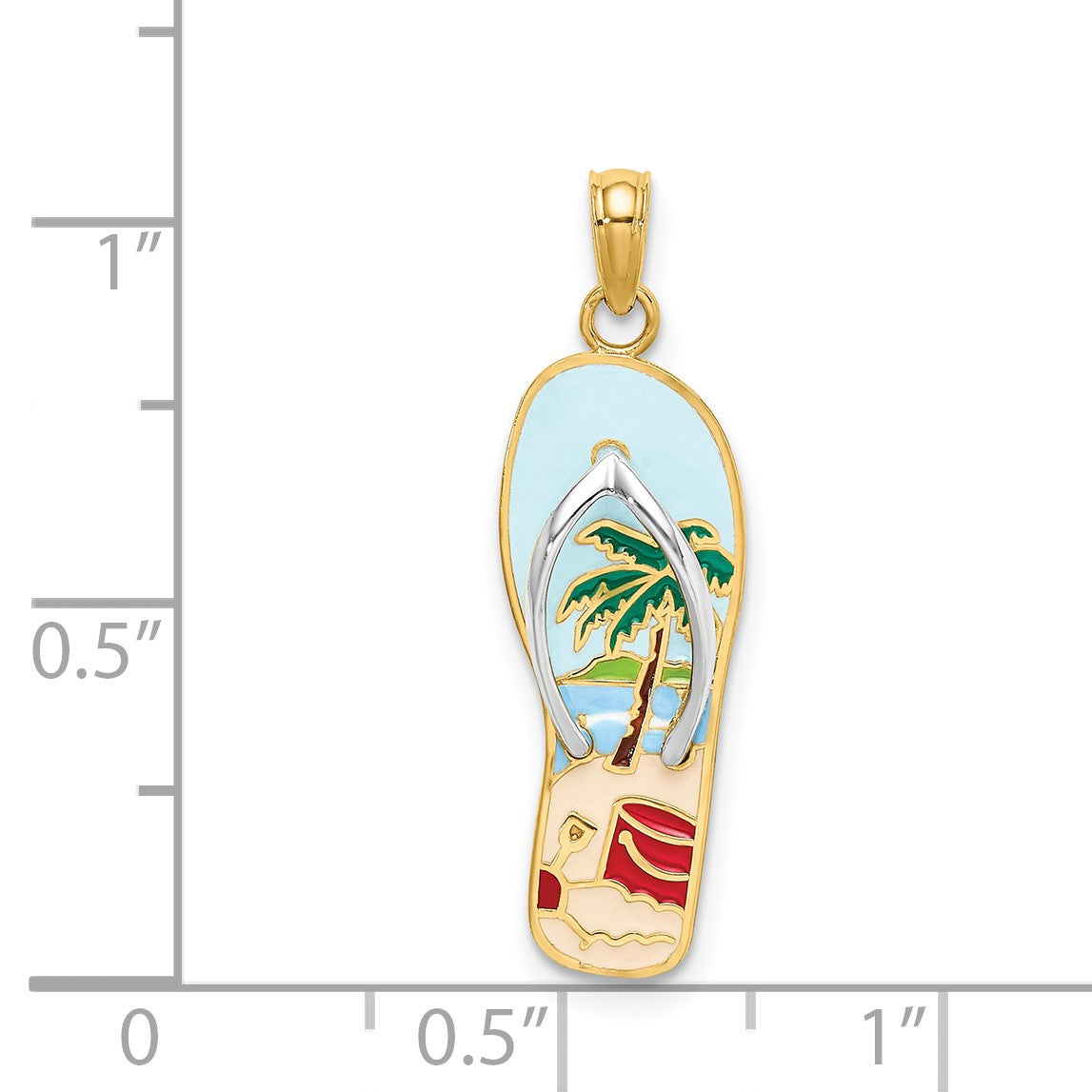 14K and White Rhodium 3-D Enameled Palm Tree and Bucket on Flip-Flop Charm