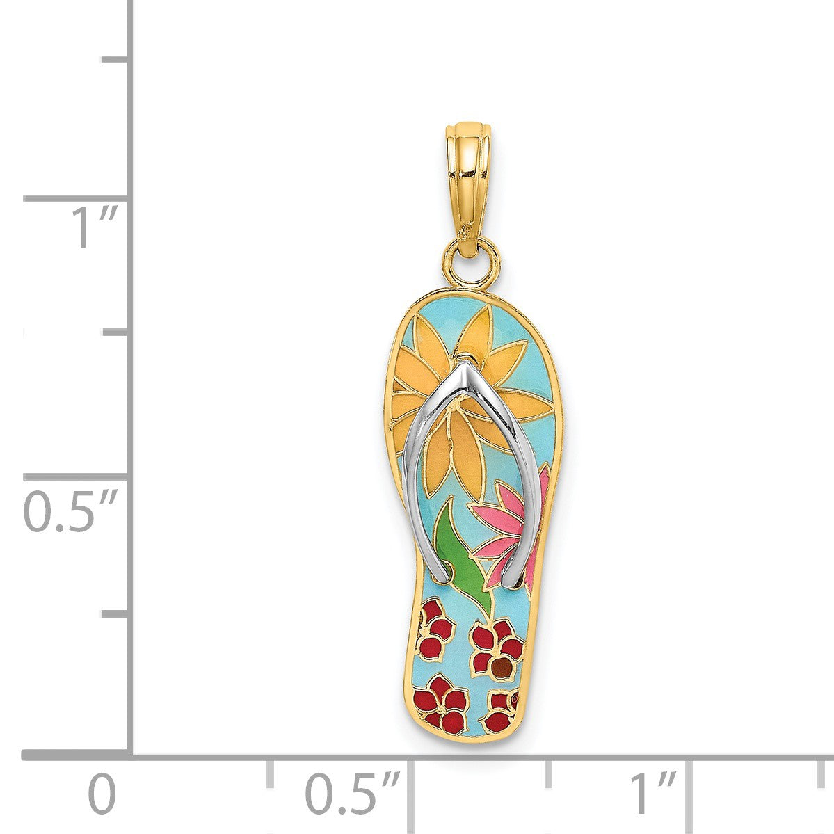 14K and White Rhodium Multi-Colored 3-D Enameled Fuchsia Flowers On Flip-Flop Charm