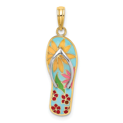 14K and White Rhodium Multi-Colored 3-D Enameled Fuchsia Flowers On Flip-Flop Charm