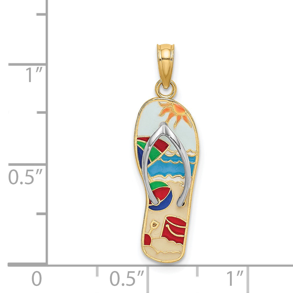 14K and White Rhodium Multi-Colored 3-D Enameled Beach Scene On Flip-Flop Charm