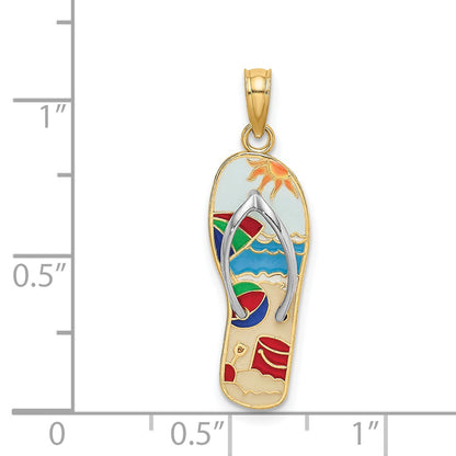 14K and White Rhodium Multi-Colored 3-D Enameled Beach Scene On Flip-Flop Charm