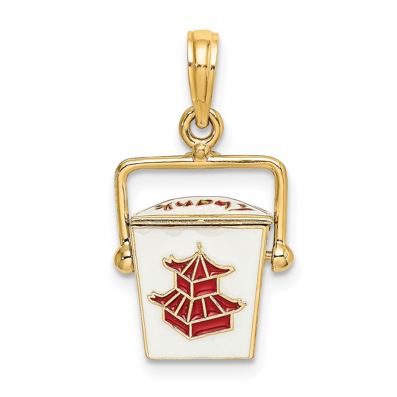 14K 3-D White and Red Enameled Chinese Take-Out Box with Moveable Handle Charm