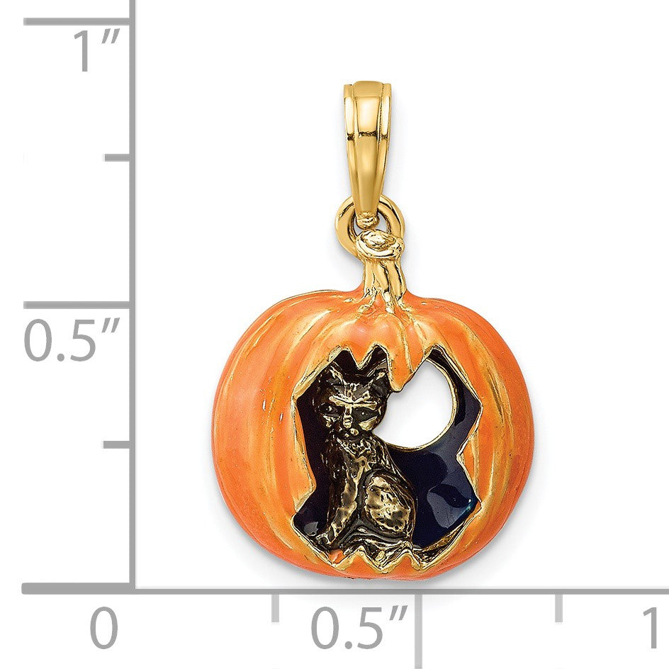 14K 3-D Enameled Jack-o-Lantern with Black Cat and Moon Charm
