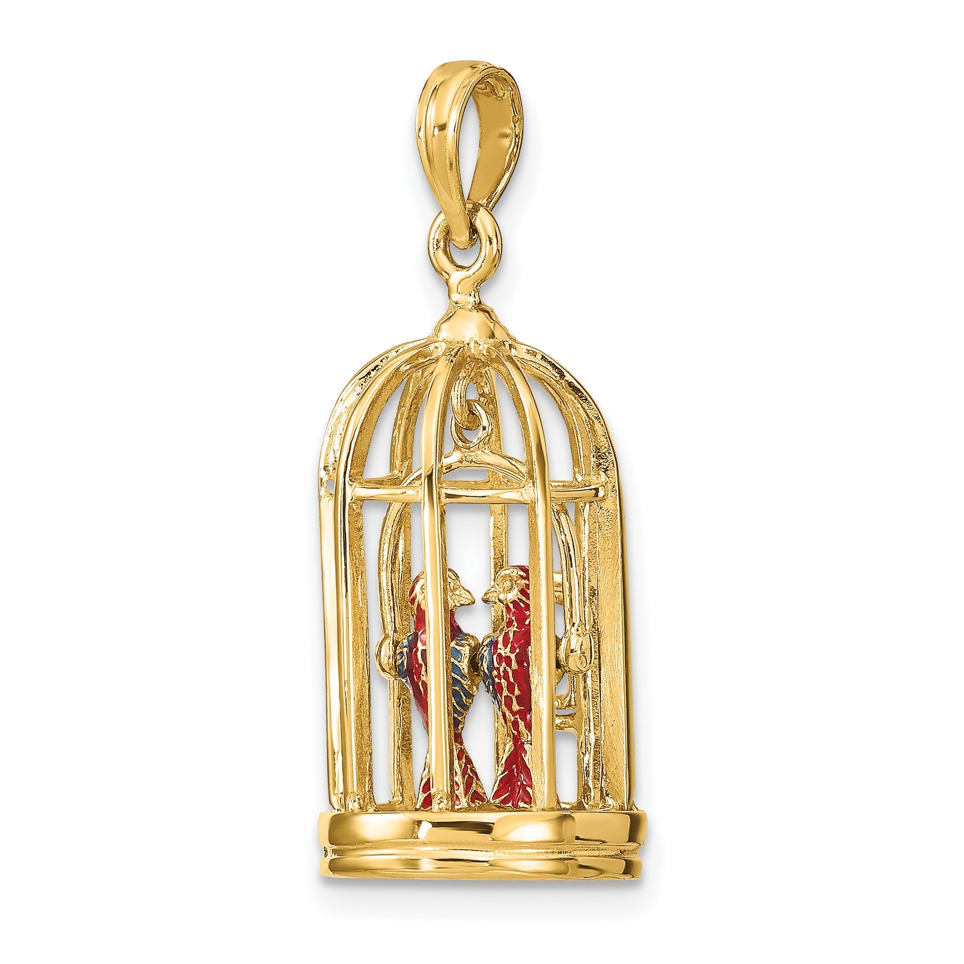 14K 3-D Bird Cage with 2 Enameled Birds and Opening Doors Charm