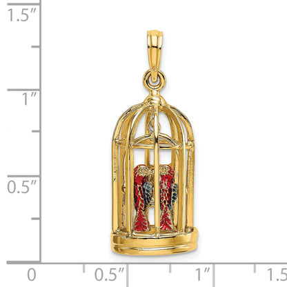 14K 3-D Bird Cage with 2 Enameled Birds and Opening Doors Charm