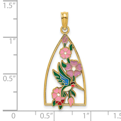 14K Enameled Hummingbird and Flowers Triangle Charm