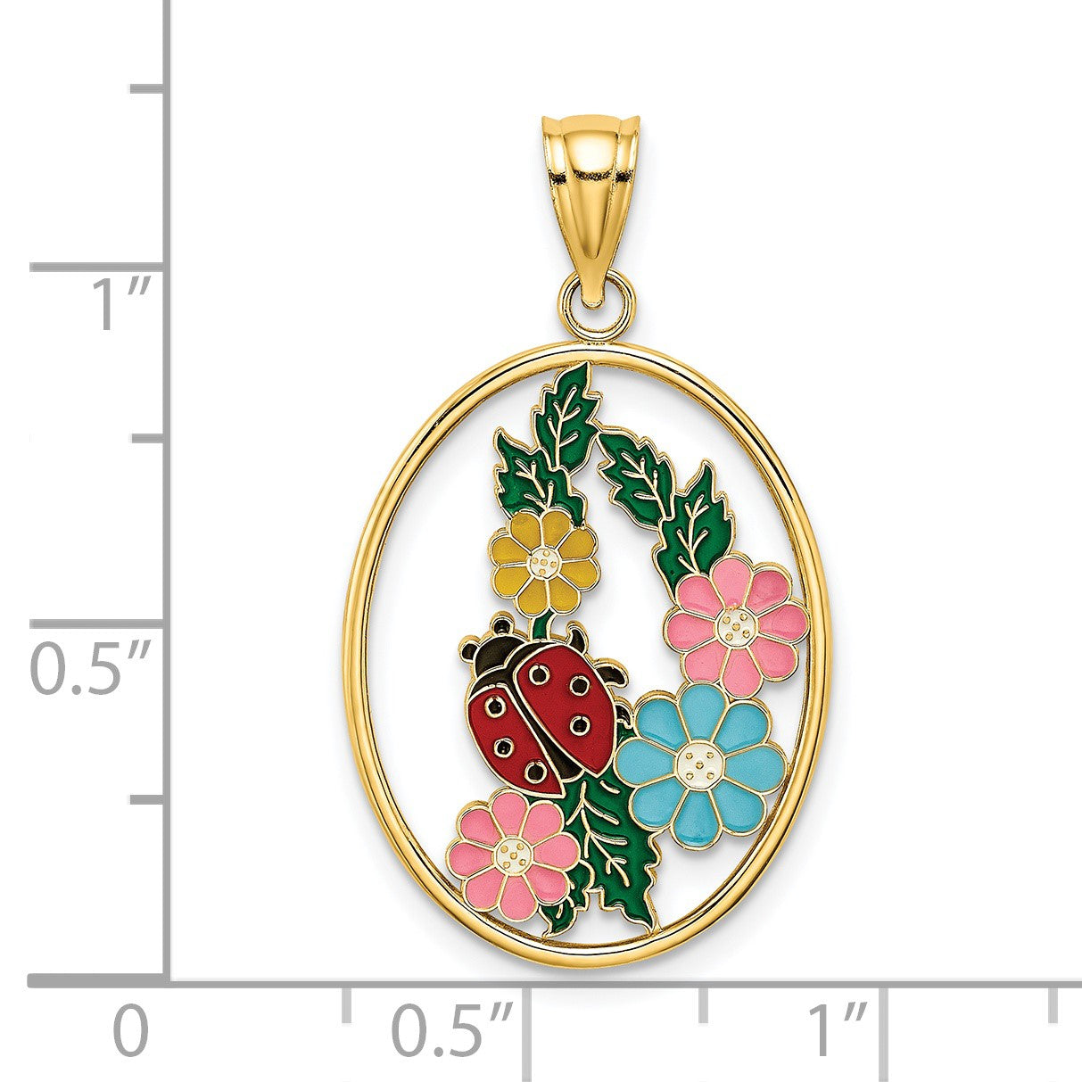 14K Enameled Flowers and Ladybug Oval Charm