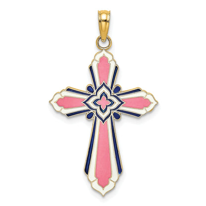 14K Pink/White/Blue Enameled Reversible Same on Both Sides Cross Charm