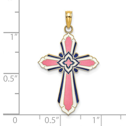 14K Pink/White/Blue Enameled Reversible Same on Both Sides Cross Charm