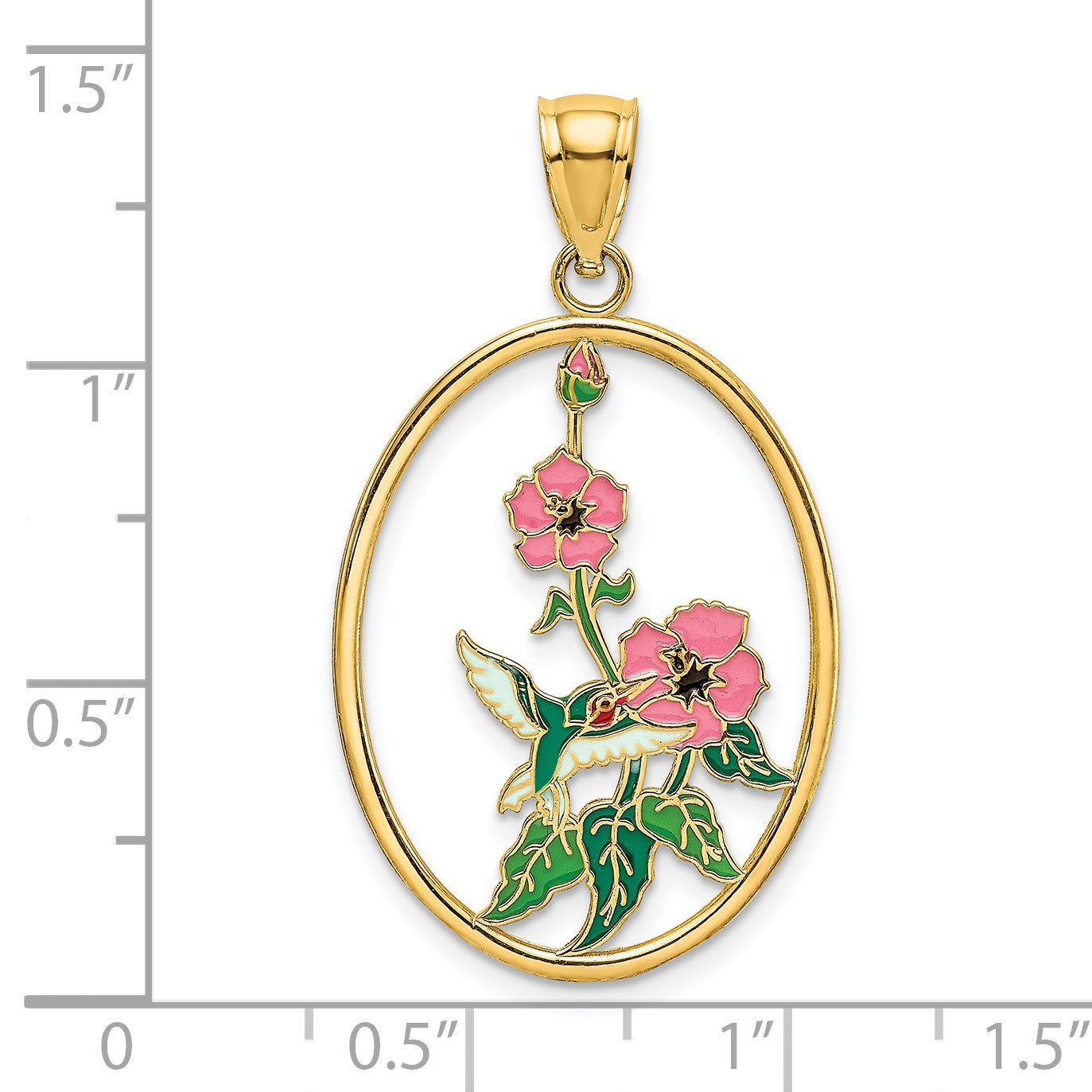 14K Enameled Hummingbird and Flowers In Oval Frame Charm