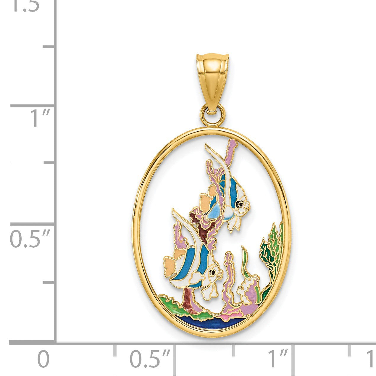 14K Multi-color Enamel Angelfish In Underwater Scene Oval Charm
