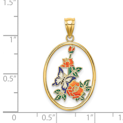 14K Enameled White Butterfly In Oval with Orange Flowers Charm