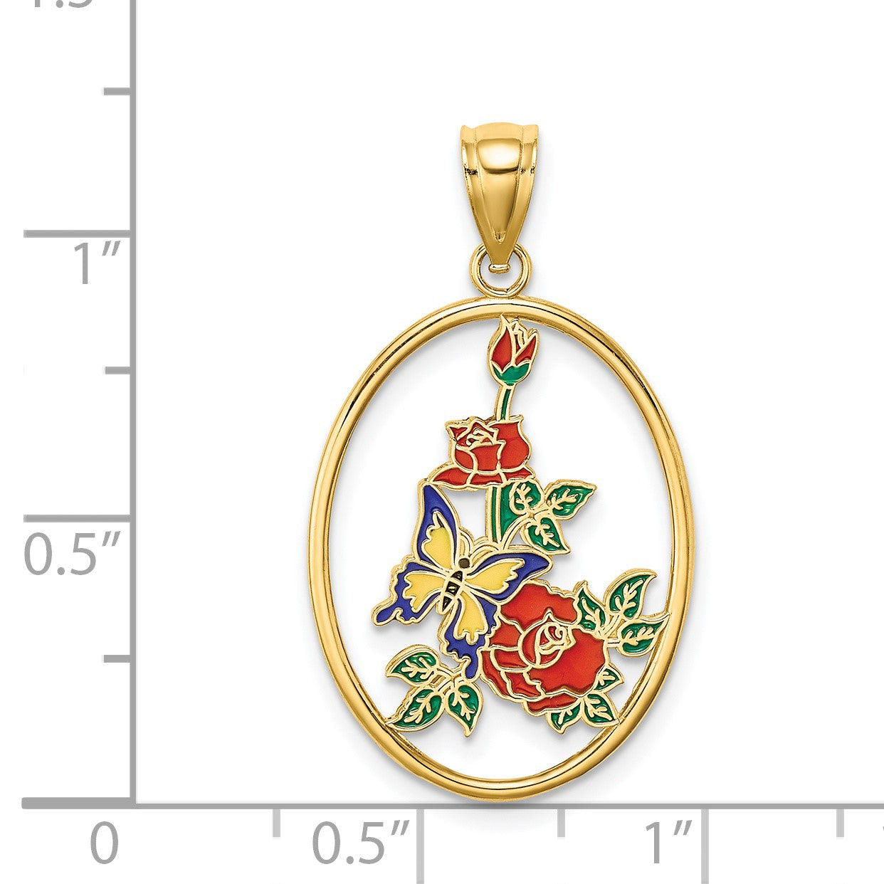 14K Enameled Yellow Butterfly in Oval Red Flowers Charm