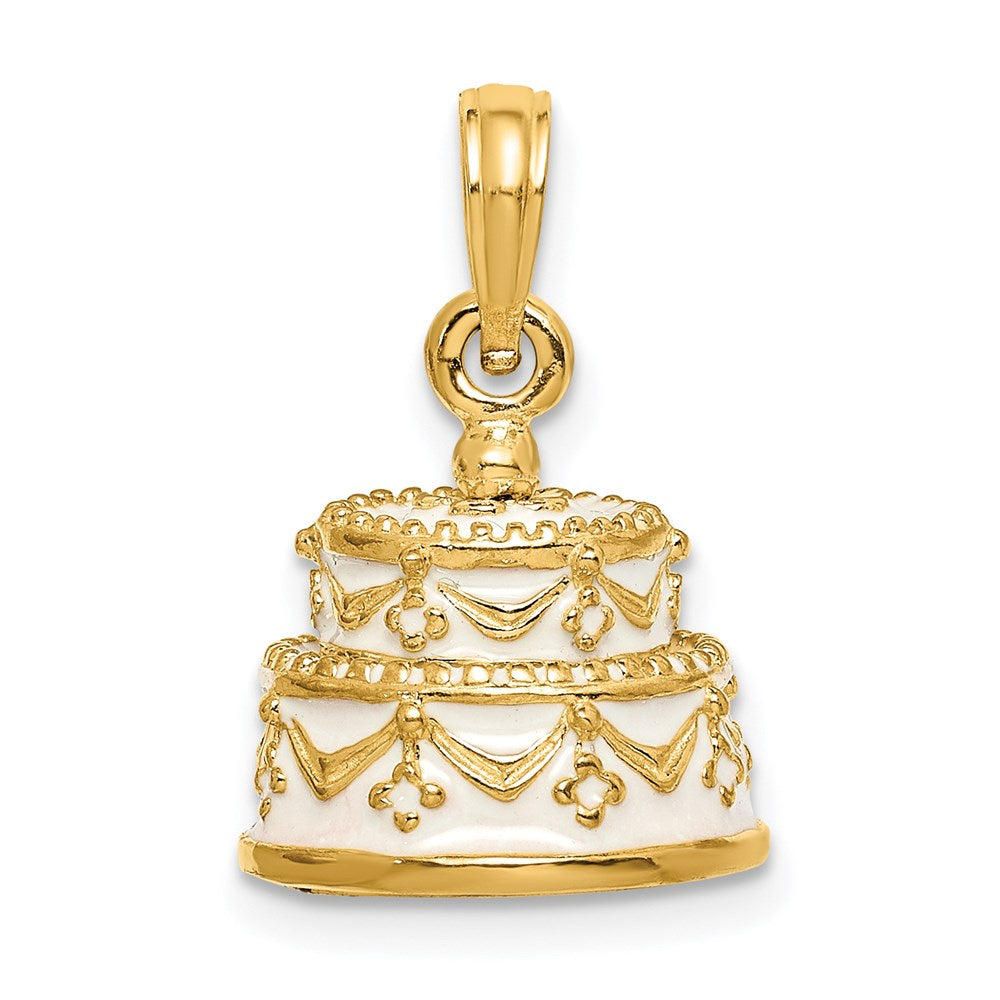 14K Polished Enameled JUST MARRIED 3-D Wedding Cake Pendant