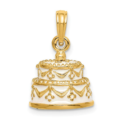 14K Polished Enameled JUST MARRIED 3-D Wedding Cake Pendant