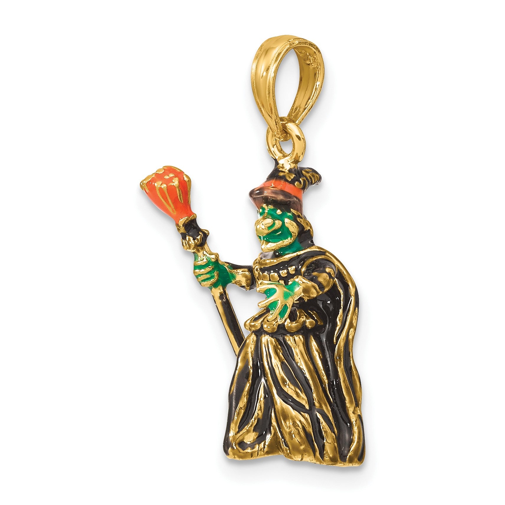 14K 3-D Enameled Witch with Broom Charm