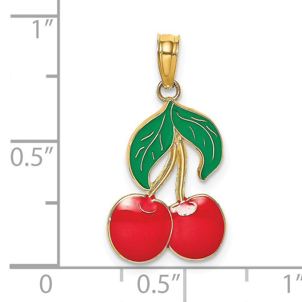 14K Red and Green Enameled Cherries with Leaf Charm