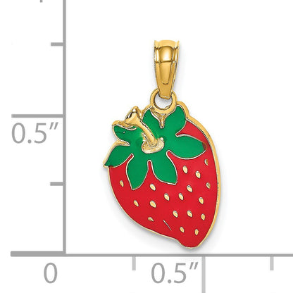 14K Red and Green Enameled Strawberry With Leaf Charm