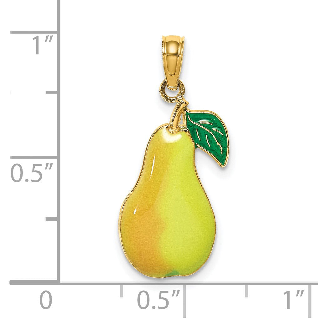 14K Yellow and Green Enameled Pear With Stem and Leaf Charm